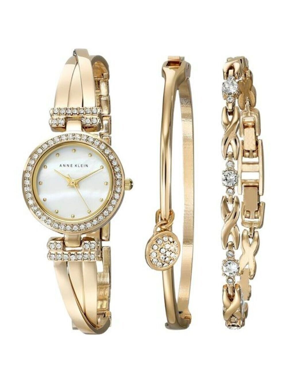 Womens Gold Bangle Watch Set Crystal Accent Mother of Pearl Bracelet Gift